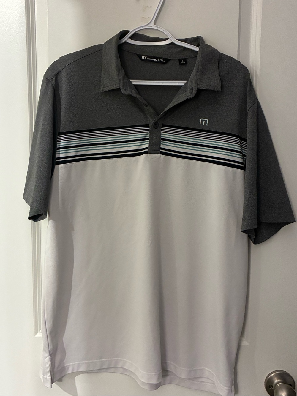 Travis Mathew Gray, White and Light Blue Striped Performance Polo